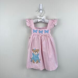 Vintage Samara Pink Seersucker Teddy Bear Bow Pinafore Dress 24 Months